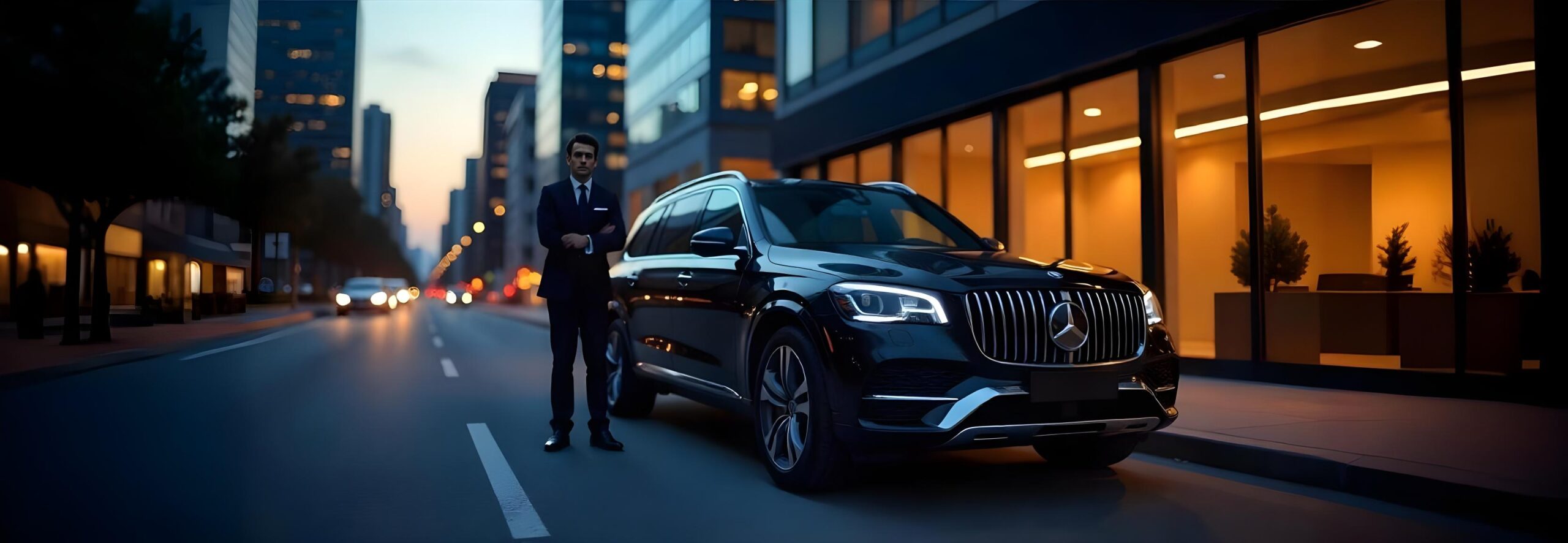 A luxurious black SUV parked near a modern office building scaled