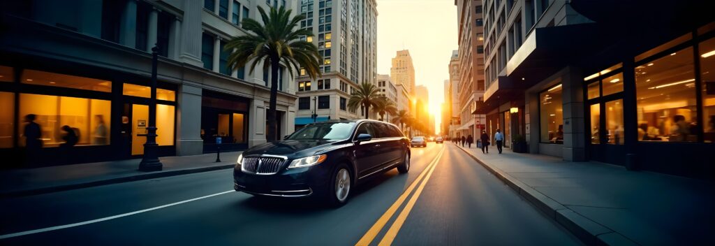 A luxury black limousine driving through iconic cityscapes featuring recognizable landmarks of Miami Boston and New York
