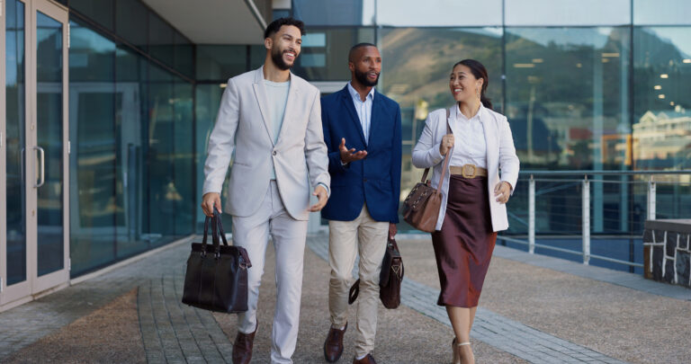 business people group conversation city walk commute workplace with questions by buildings men woman employees with bag outdoor discussion travel metro sidewalk