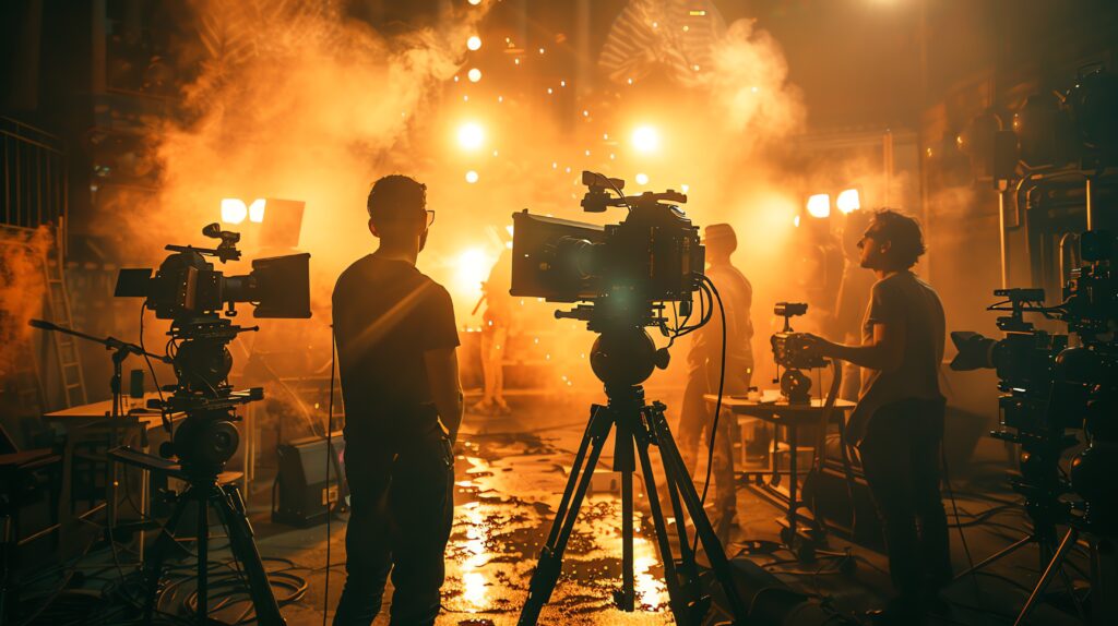 film crew working set with smoke lighting