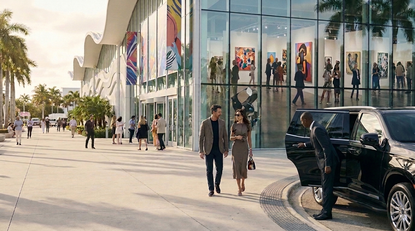 Art collectors arrive at Art Basel Miami Beach in a luxury black SUV with a private chauffeur outside the contemporary art exhibition.