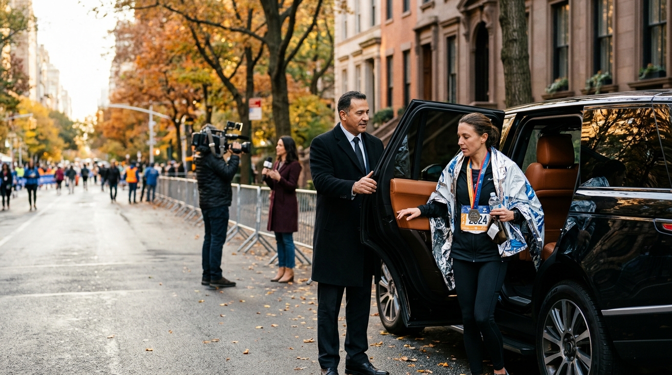 Home 39 TCS New York City Marathon executive car service with a chauffeur and black SUV outside a New York hotel