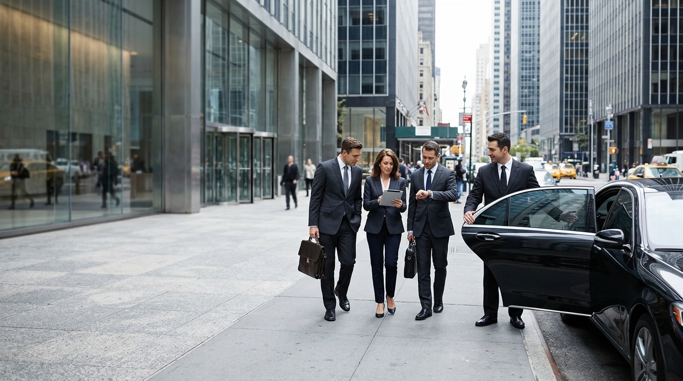 Roadshow transportation: three executives walking to a black sedan held open by a chauffeur in the city