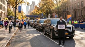 Blogs 1 Chauffeur with welcome sign beside black SUVs on a New York street during TCS New York City Marathon weekend