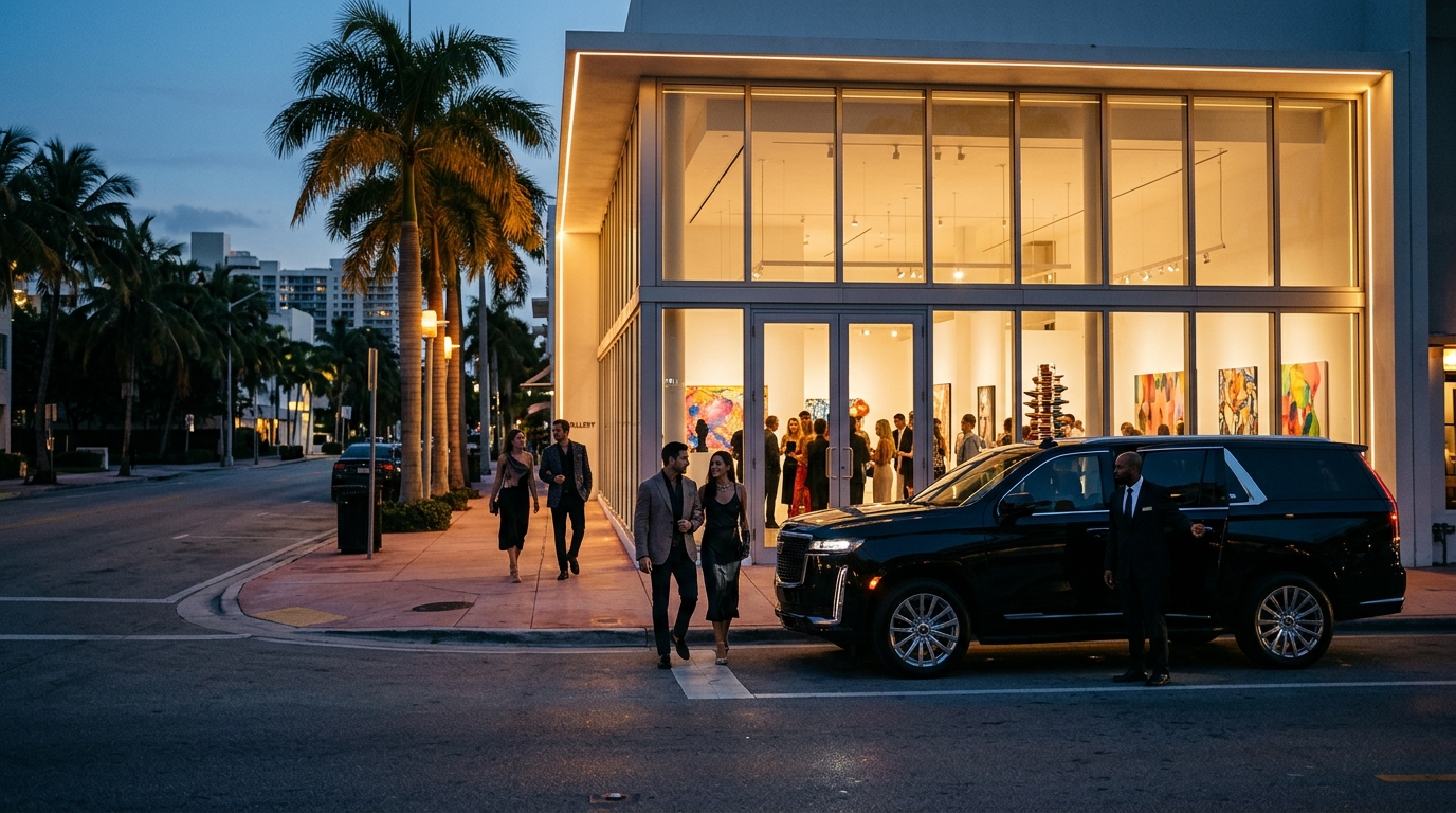 Home 39 Luxury black SUV and professional chauffeur outside an illuminated Art Basel Miami Beach art gallery during an evening Art Basel reception.